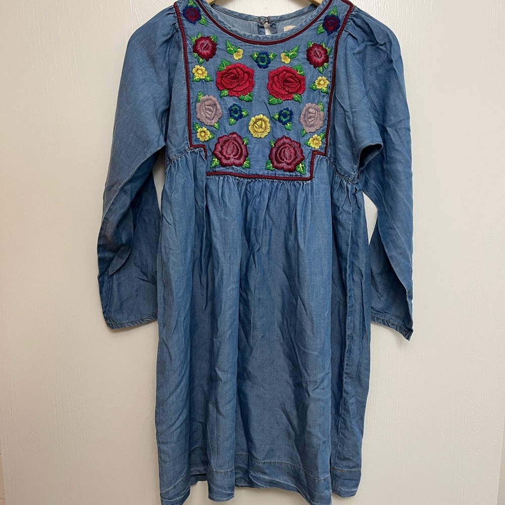 Pink Chicken Blue Denim Dress with Multicolor Floral Embroidery